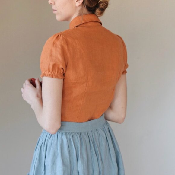 NWOT Linen Peter Pan Collared Short Sleeve Shirt - Size XS, Yellow - Picture 5 of 6